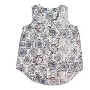 Maurices Womens Button Front Sleeveless Blouse-Cream/Blue-L-GUC